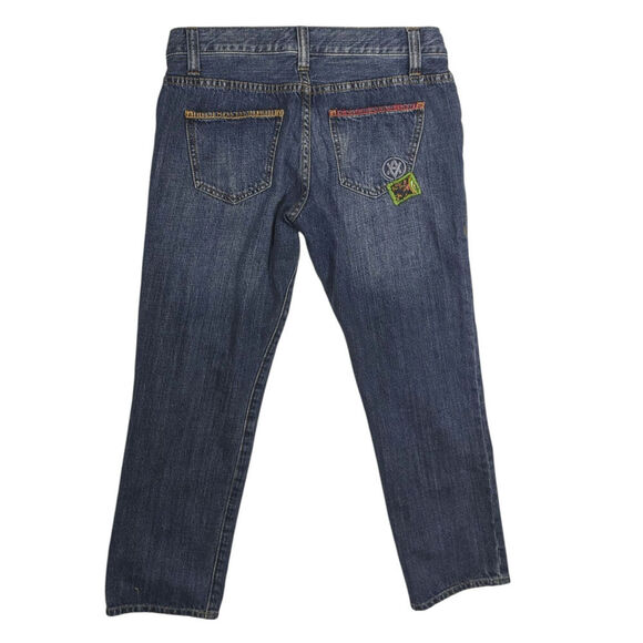 CAbi Floral Patchwork Medium Demin Distressed Boho Straight Leg Y2K Inspo Size 4 - Picture 2 of 11